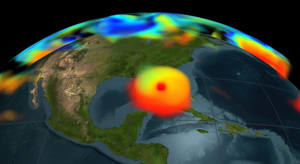 The carbon dioxide visualization was produced by a computer model called GEOS-5, created by scientists at NASA. The carbon dioxide visualization was produced by a computer model called GEOS-5, created by scientists at NASA.
