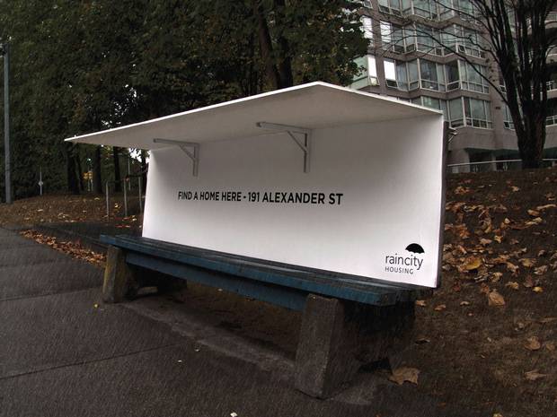The benches offer shelter from the Vancouver rain - and advice about where to seek more long-term help. The benches offer shelter from the Vancouver rain - and advice about where to seek more long-term help.