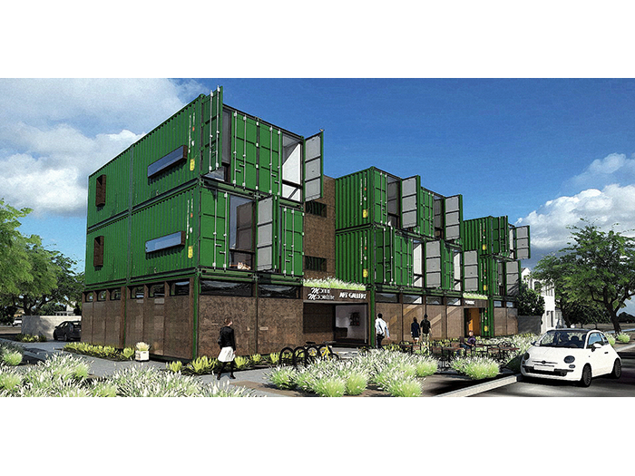 One example is the apartment complex made from recycled shipping containers, which is currently being built in downtown Phoenix, Arizona. It was designed by The architecture firm StarkJames LLC One example is the apartment complex made from recycled shipping containers, which is currently being built in downtown Phoenix, Arizona. It was designed by The architecture firm StarkJames LLC