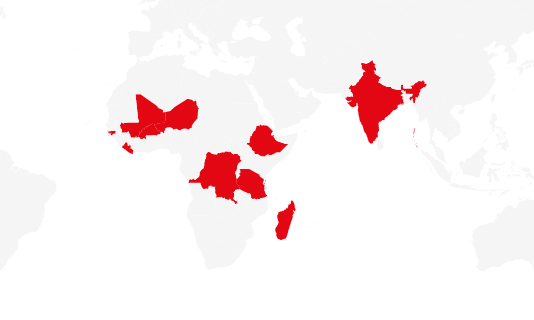 India Democratic Republic of the Congo Niger Mali Tanzania Ethiopia Liberia Guinea Bissau (Guinea-Bissau) Madagascar Burkina Faso India Democratic Republic of the Congo Niger Mali Tanzania Ethiopia Liberia Guinea Bissau (Guinea-Bissau) Madagascar Burkina Faso