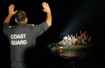 Greek Coastguard near the island of Samos apprehending a boat with 25 migrants, November 2009