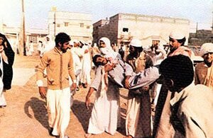 Demonstrators carrying the body of a fellow protester killed in clashes with security forces during the November 1979 unrest in Eastern Province, Saudi Arabia. Demonstrators carrying the body of a fellow protester killed in clashes with security forces during the November 1979 unrest in Eastern Province, Saudi Arabia.