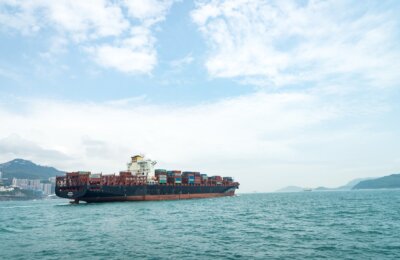 Container ship crossing the ocean.