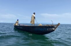 Fishers in the sea carrying out their fishing activities. Copyright EJF, April 2023