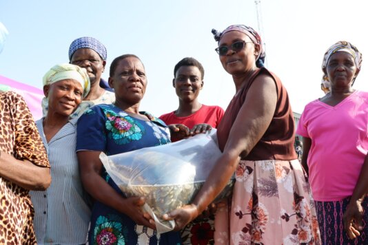 Aecf funded women receiving fingerlings at the start of the IIWBEK project - Photo via Riofish