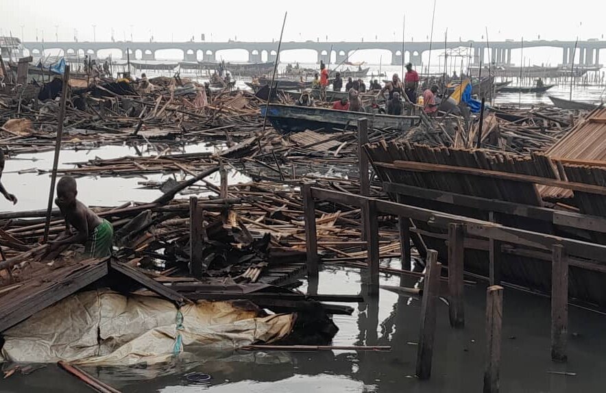 Structures in Makoko reduced to floating debris in a Lagos lagoon