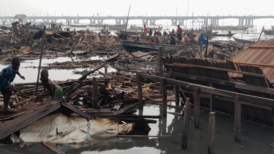 Structures in Makoko reduced to floating debris in a Lagos lagoon