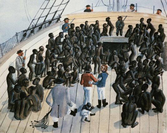 A painting of kidnapped Africans aboard a trafficking ship.  Dea_G. Dagli Orti_Getty Images