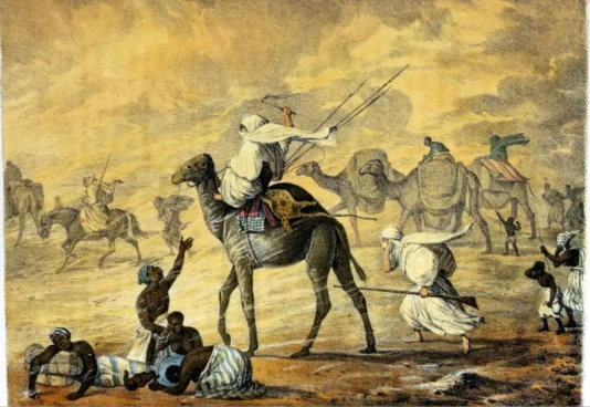 Illustration by English explorer George Francis Lyon depicting a merchant and slaves, 19th century. From the book