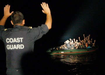 Greek Coastguard near the island of Samos apprehending a boat with 25 migrants, November 2009