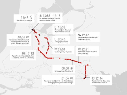 A day in Ton Siedma\'s life: Tuesday, November 12, 2013. On this day he is taking another route on his way home, from Amsterdam to Nijmegen, whereas his usual route is via Utrecht. He receives a call from Hilversum and walks by the Mediapark.