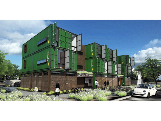 One example is the apartment complex made from recycled shipping containers, which is currently being built in downtown Phoenix, Arizona. It was designed by The architecture firm StarkJames LLC