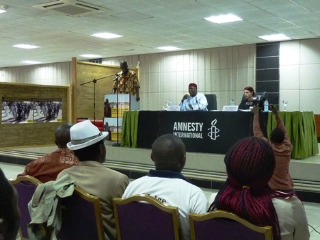 Alioune Tine, Amnesty International director for West and Central Africa, speaking at the conference center of Hotel La Falaise in Yaoundé. Alioune Tine, Amnesty International director for West and Central Africa, speaking at the conference center of Hotel La Falaise in Yaoundé.
