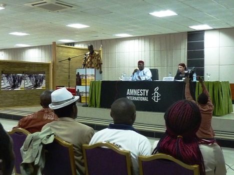 Alioune Tine, Amnesty International director for West and Central Africa, speaking at the conference center of Hotel La Falaise in Yaoundé.