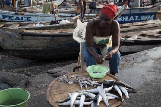 Fishmonger in the market in Elmina, Central Region Fishmonger in the market in Elmina, Central Region