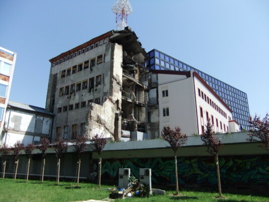 The remains of the RTS building in 2012. the Radio Television Serbia building was bombed by NATO on 23 April, 1999.