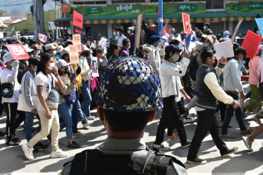 An anti-junta protest in the city of Taunggyi in Eastern Myanmar. Protesters swarmed the streets to oppose the power grab.