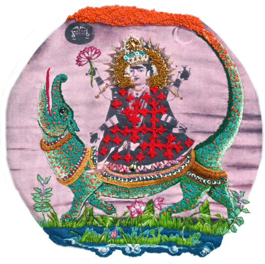 Sindhu Mata and Ghariyal from Sadhu Bela. Archival inkjet print on cotton lawn, embroidery thread and sequins.