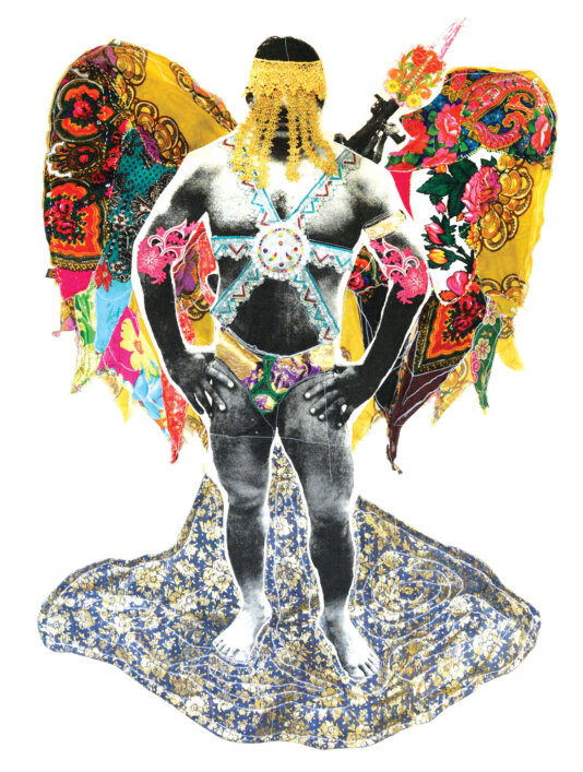 Zhavedan Dulha. 5ft x 4ft, screen print on muslin, embroidery, various printed fabric, gold plastic trimming.