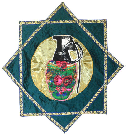 Gulshan. Screen print on metallic blue and gold polyester fabric, yellow, purple, green, silver and clear sequins, gold and blue trimming, applique, hand embroidery and quilting.