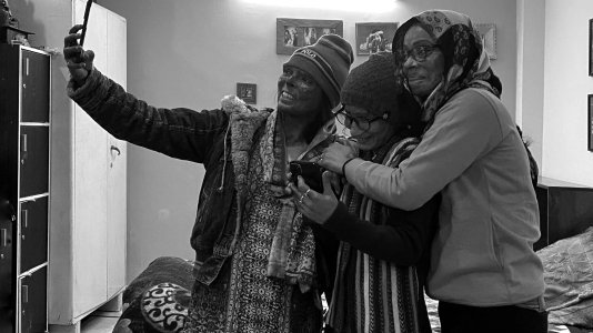 (Left to Right) Meena Khatoon, Nisha Verma and Soni making reels on Instagram at the Make Love Not Scars rehabilitation centre.