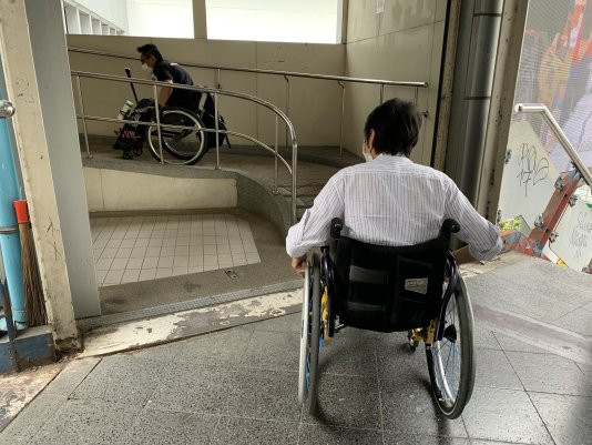 This ramp leading to a public hospital in Bangkok, Thailand could be too steep for a new wheelchair user or an elderly person.
