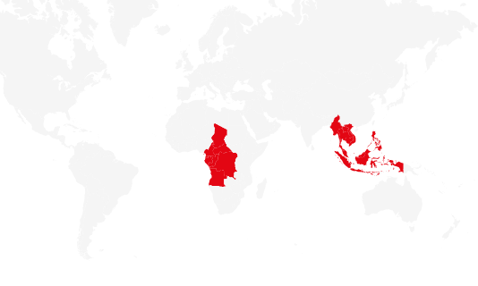 Indonesia Malaysia Brunei Philippines Thailand Vietnam Myanmar Laos Cambodia Angola Cameroon Central African Republic Democratic Republic of the Congo Chad Republic of the Congo Equatorial Guinea Gabon